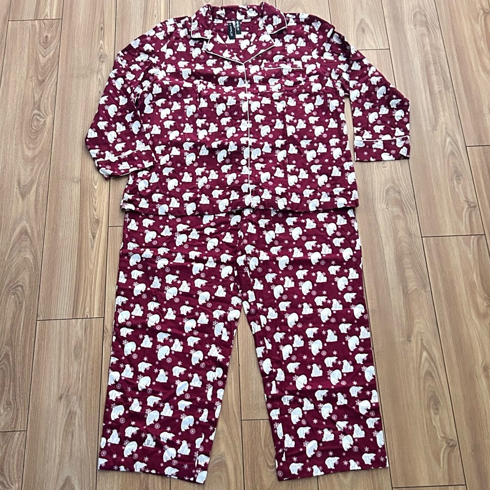 NWT ADORE ME Women's Burgundy Pajama Set w Polar Bears Snowflakes 1X Cozy Set